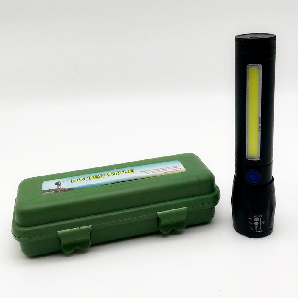 Тактичний ліхтар 2в1 BL-C62, акумуляторний з USB, ZOOM та бічним світлом та Кейс, Чорний / Потужний ручний ліхтарик