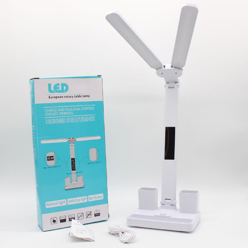 Настільна лампа з двома плафонами, 7Вт, від USB / Світлодіодна акумуляторна лампа з термометром та годинником