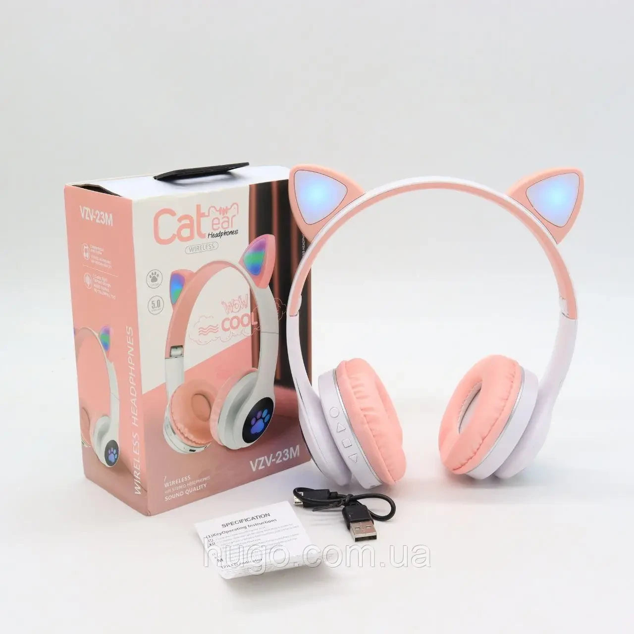 Бездротові навушники Котячі вушка VZV-23M, Рожеві / Дитячі блютуз навушники з підсвічуванням та мікрофоном