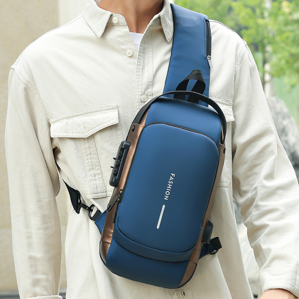 Сумка-рюкзак через плече (31х17см) 6995, з кодовим замком, Синя / Водонепроникна чоловіча сумка