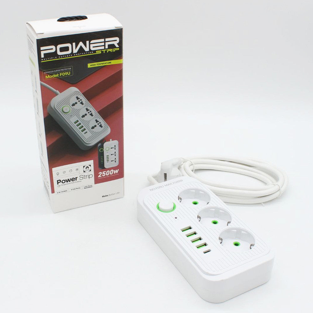 Мережевий фільтр-подовжувач 2м (3х220В+4хUSB+1хType-C), F09U, Білий / Електрична переноска з вимикачем