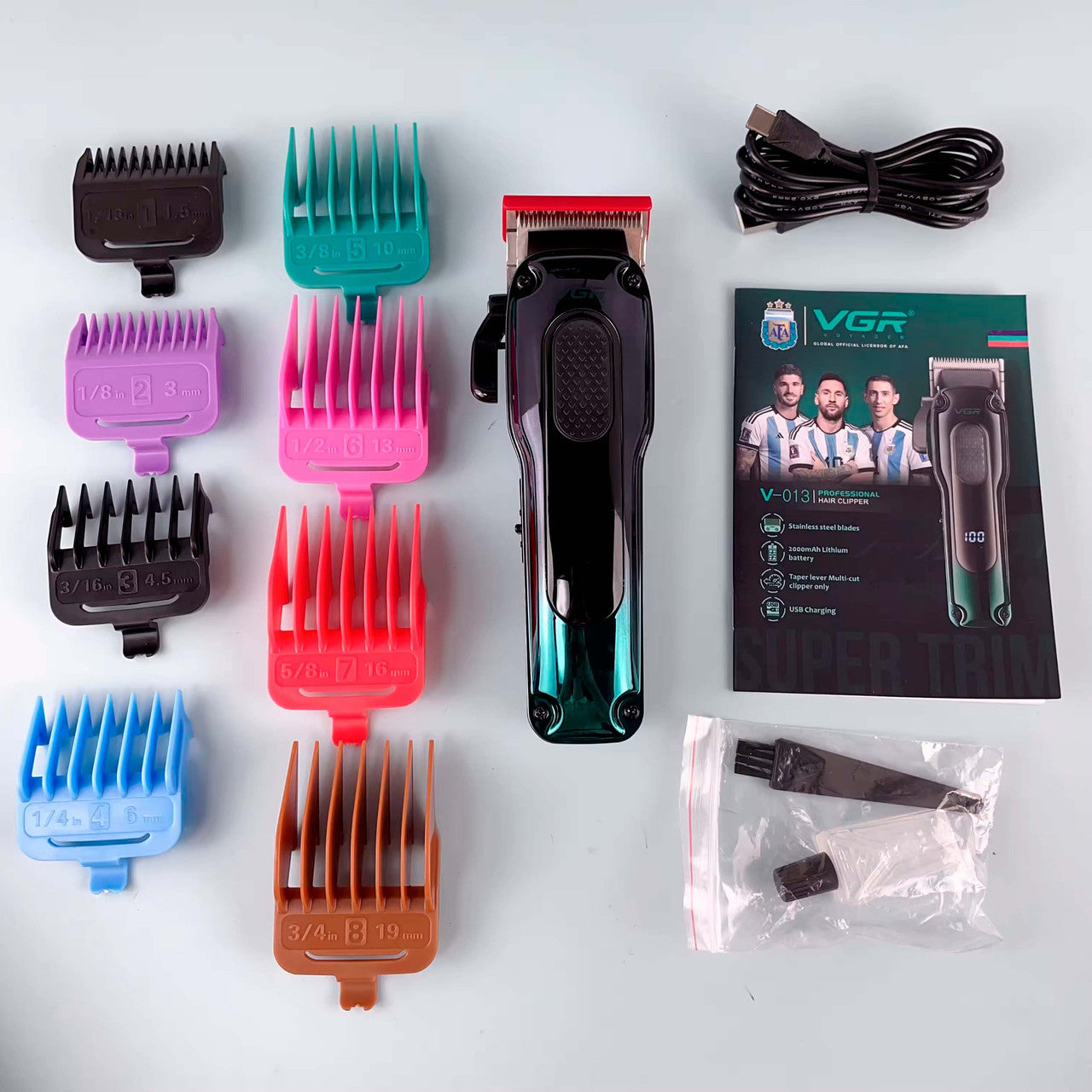 Акумуляторна машинка для стрижки VGR V-013 (8 насадок), USB, зелена / Тример для стрижки