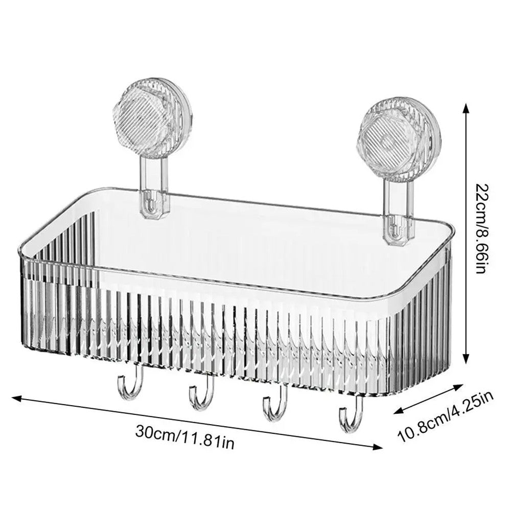 Полиця у ванну на присосках з гачками, 30х22х10,8 см / Настінна поличка органайзер для ванної