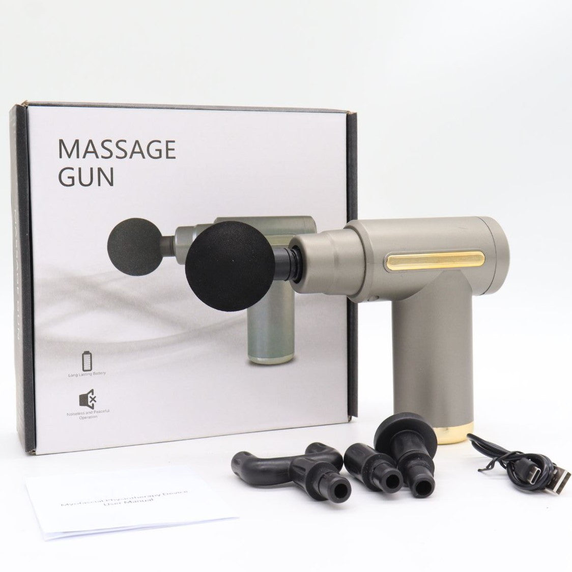 Ручний масажер перкусійний + 4 насадки, з USB, Gun Massager, Сірий / Портативний масажер / Вібромасажер для тіла