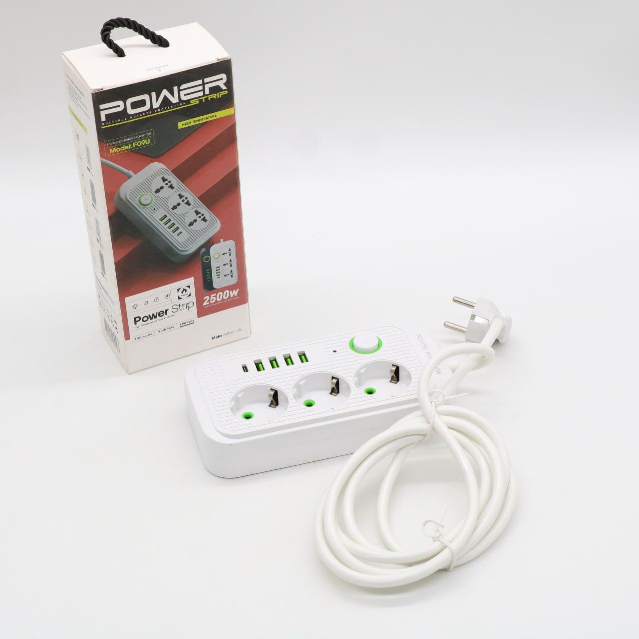 Мережевий фільтр 2м, 3 розетки, 4хUSB, 1хType-C, F09U, Білий / Мережевий подовжувач з usb / Переноска розетка