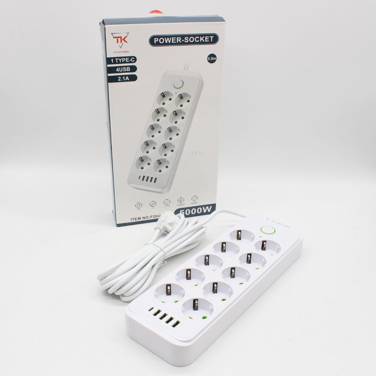 Мережевий фільтр-подовжувач 5м, 10 розеток 220В+4 USB+1 Type-C, Тк-15, Білий / Подовжувач з вимикачем / Мережевий фільтр