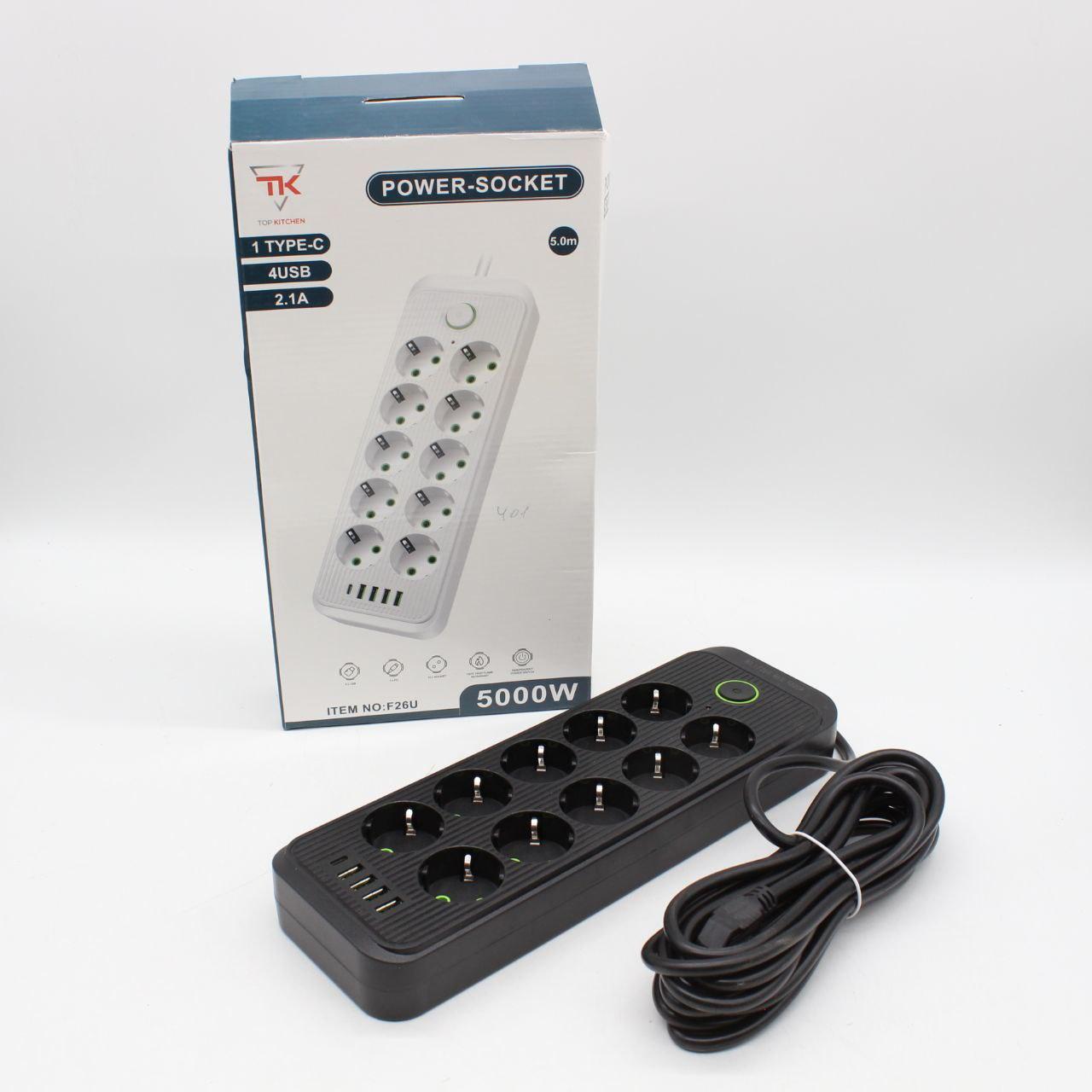 Мережевий фільтр-подовжувач 5м, 10 розеток 220В+4 USB+Type-C, Тк-16, Чорний / Подовжувач з вимикачем / Мережевий фільтр