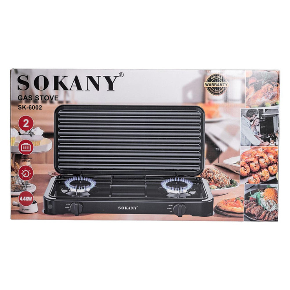 Газова плита 2-х конфоркова з кришкою SGS-6002, 4,4 кВт, чорна / Настільна двоконфоркова плита