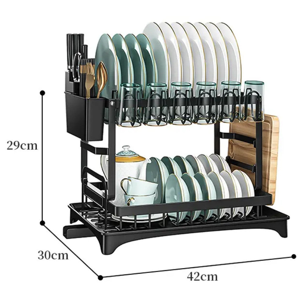 Сушарка для посуду з автозливом, 2-х ярусна, 42х30х29см / Кухонна сушарка для посуду настільна