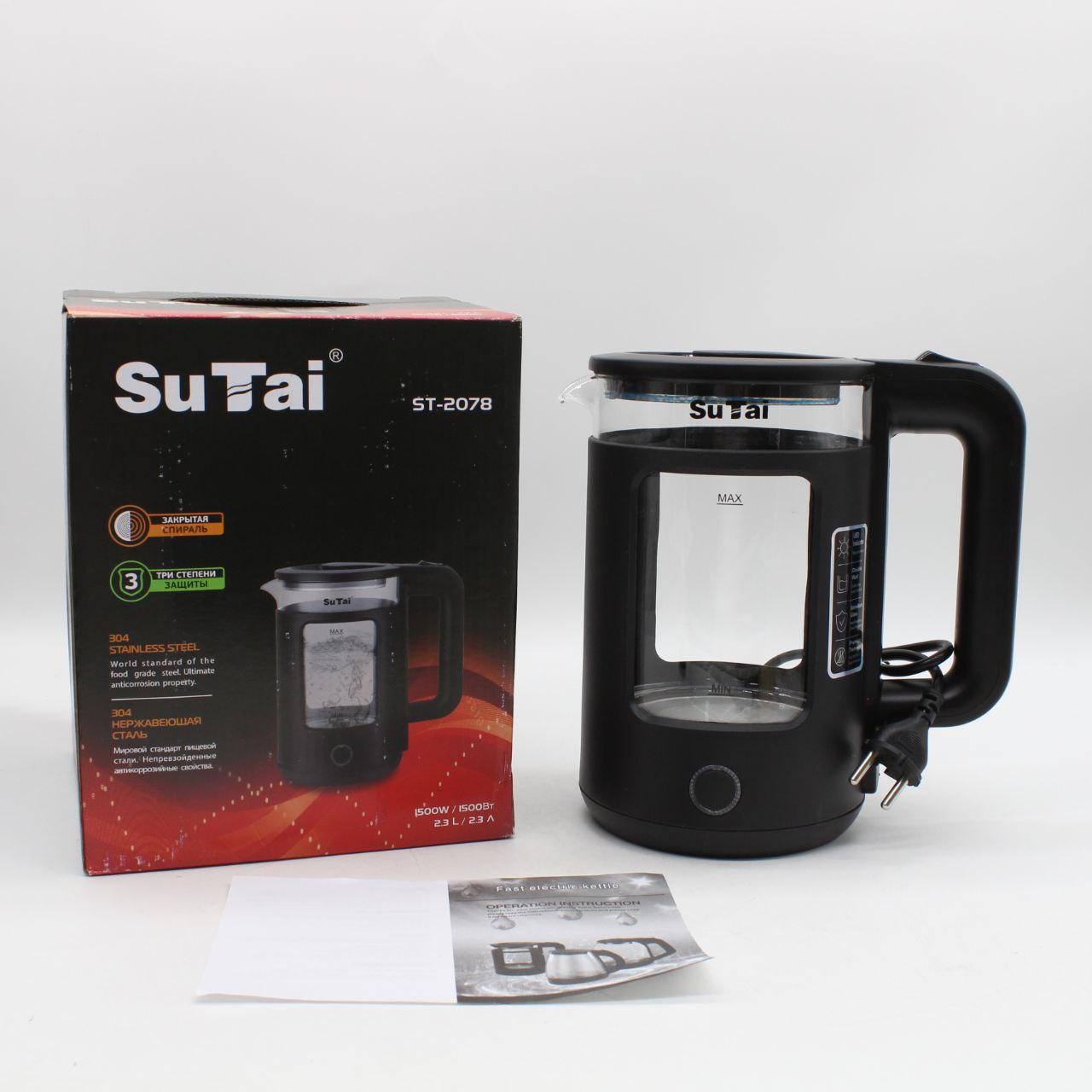 Скляний електрочайник з підсвічуванням, 2.3л, 1500Вт, Su Tai ST-2078, Чорний / Електричний чайник дисковий