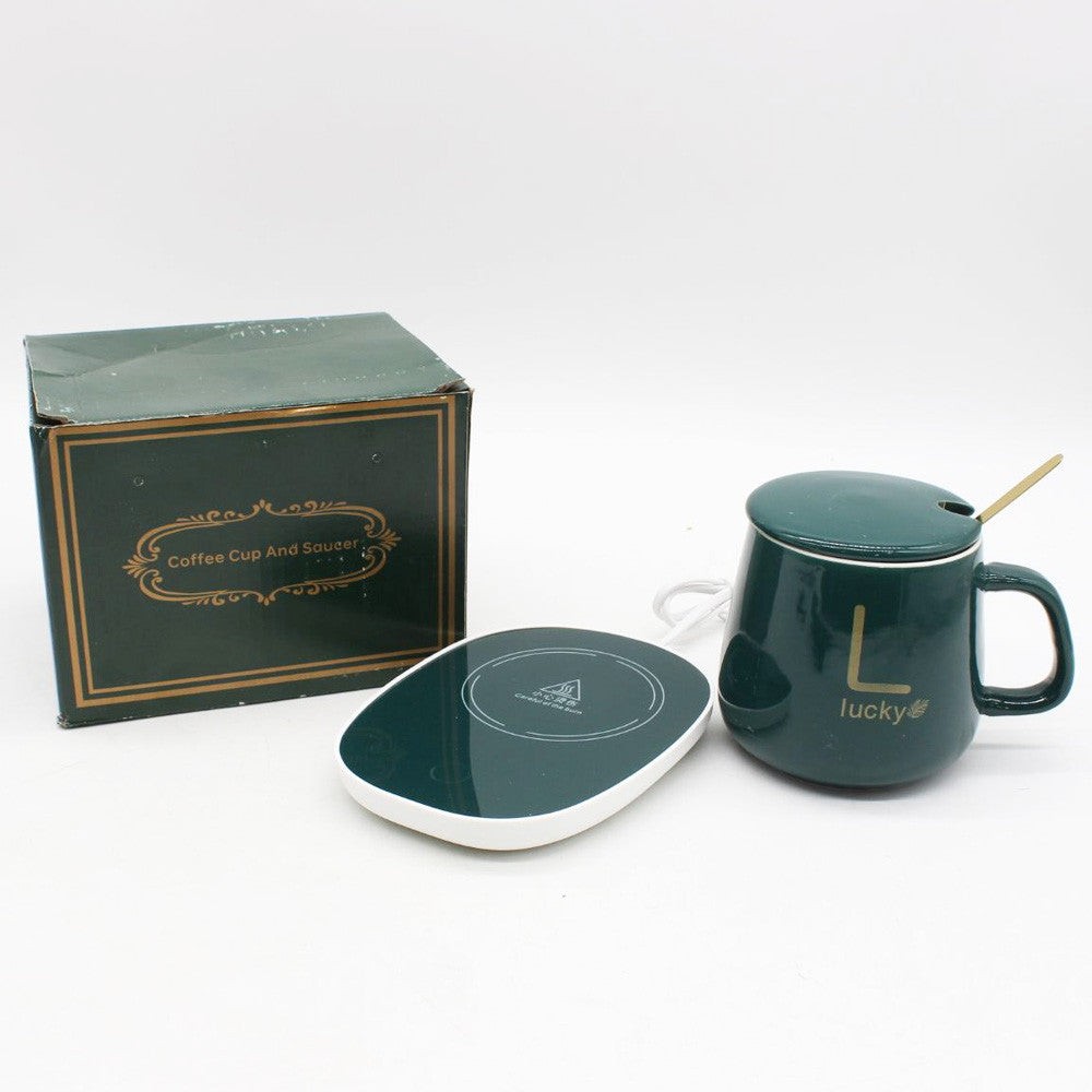 Чашка 400мл на підставці з підігрівом до +55 °С, Зелена / Чашка керамічна з ложкою в подарунковій упаковці