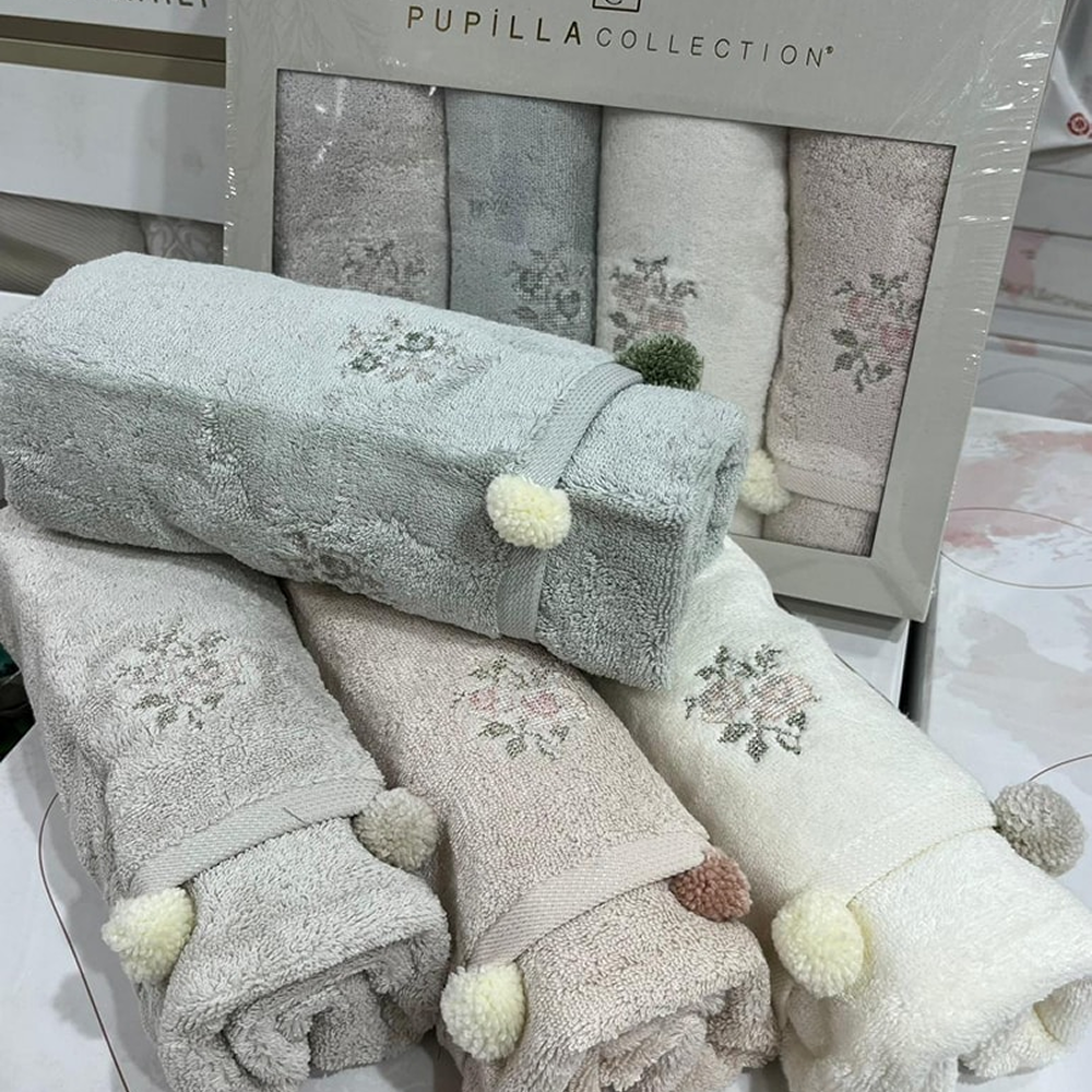 Набір рушників з помпонами 4 шт, 50x90см, Pupilla Sila flowers / Комплект рушників бавовняних