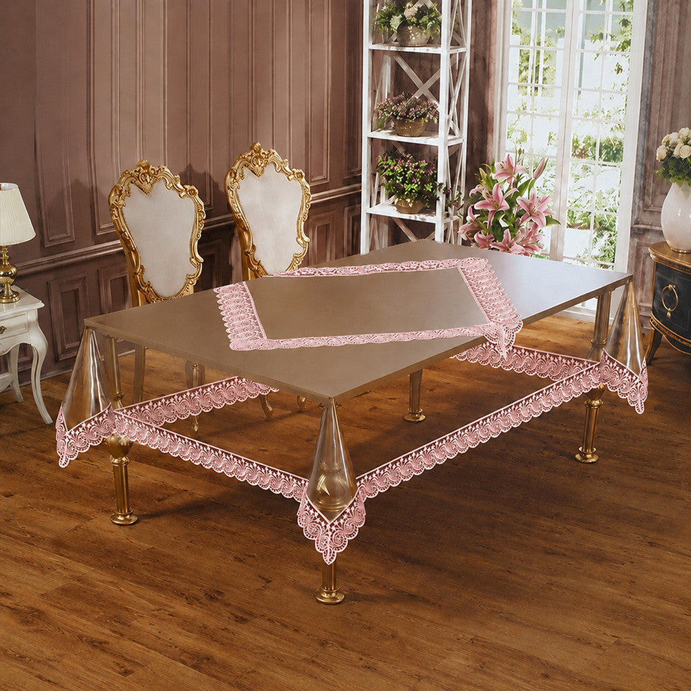 Скатертина з силікону, з мереживом, прямокутна, 160х400см, Maison Royale Zaliv Powder, Пудра / Скатертина м'яке скло ажурна
