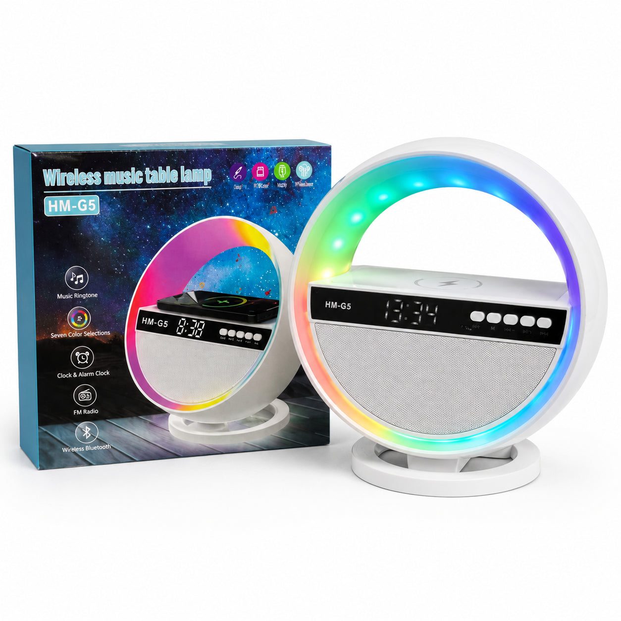 Нічник колонка з бездротовою зарядкою, Bluetooth, Біла / RGB лампа годинник / Блютуз колонка / Нічник з годинником / LED лампа