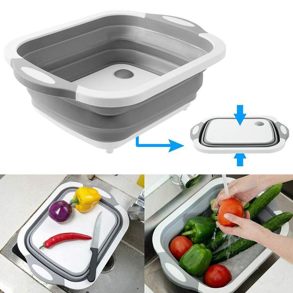 Складна дошка для обробки, з мискою 3 в 1 Chopping Board, Біло-сіра / Дошка кухонна з клапаном для зливу