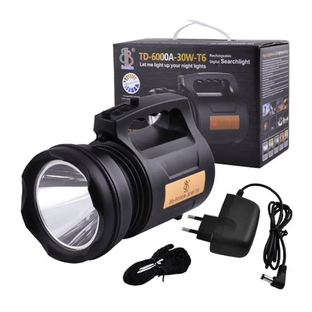 Ліхтар-прожектор акумуляторний 30 Вт, TD-6000A-30W-T6, Чорний / Ручний ліхтарик з ремінцями для перенесення