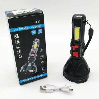Ліхтар ручний 2в1 з USB зарядкою L-830, Чорний / Світлодіодний акумуляторний ліхтарик з боковою лампою