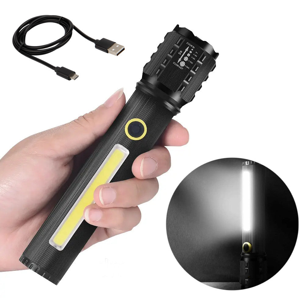 Акумуляторний ліхтар 2в1 з USB зарядкою BL-C73-P50, Чорний / Ручний потужний ліхтар із бічним світлом та Кейсом