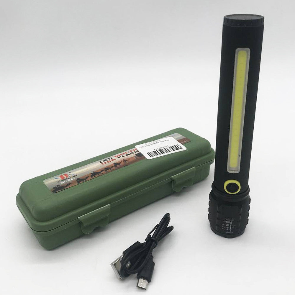 Акумуляторний ліхтар 2в1 з USB зарядкою BL-C73-P50, Чорний / Ручний потужний ліхтар із бічним світлом та Кейсом