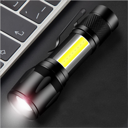 Акумуляторний ручний ліхтар із USB, бічним світлом та ZOOM HB-513-XPE + COB, Чорний / Тактичний ліхтарик з кейсом