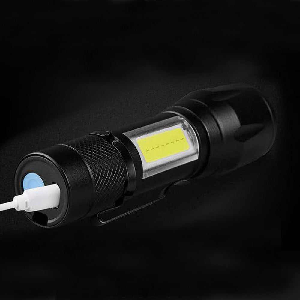 Акумуляторний ручний ліхтар із USB, бічним світлом та ZOOM HB-513-XPE + COB, Чорний / Тактичний ліхтарик з кейсом