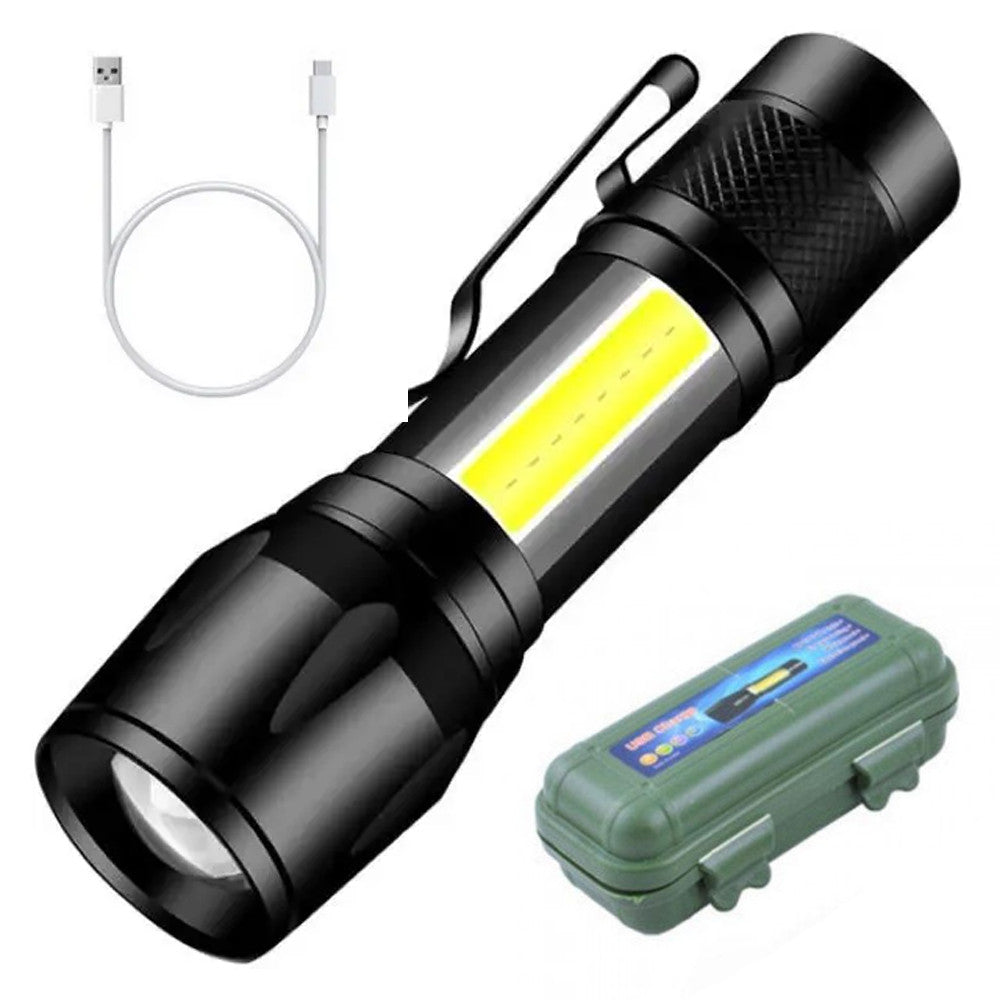Акумуляторний ручний ліхтар із USB, бічним світлом та ZOOM HB-513-XPE + COB, Чорний / Тактичний ліхтарик з кейсом