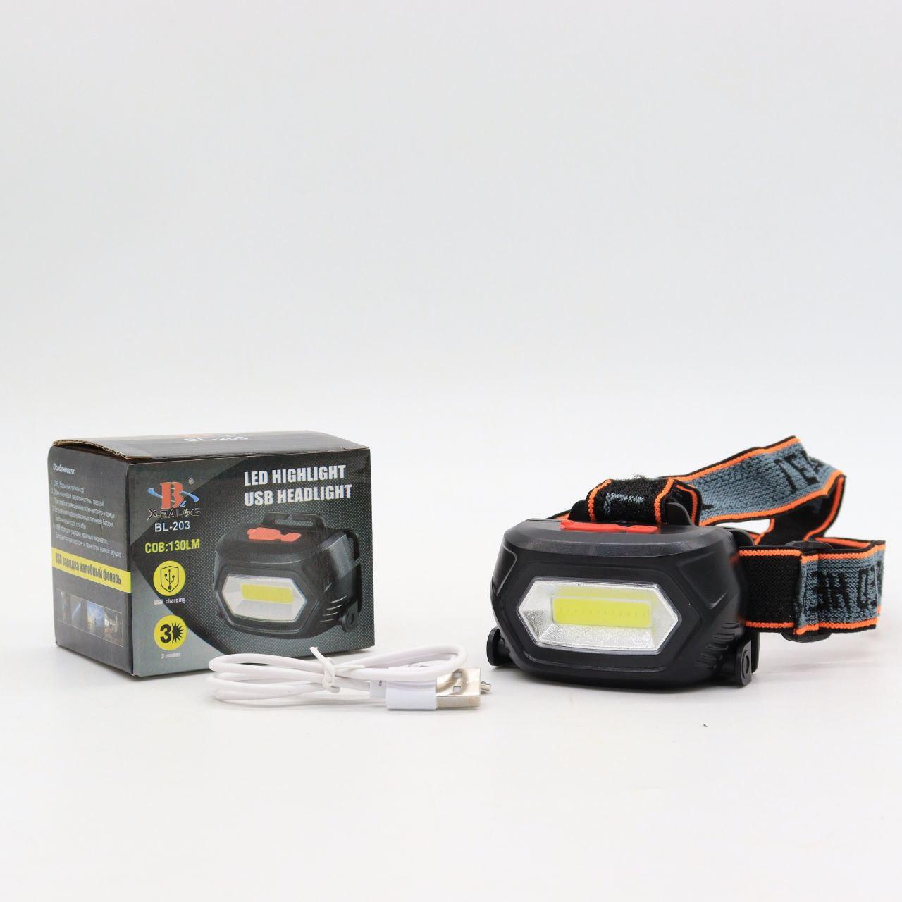 Акумуляторний ліхтар налобний з USB-зарядкою, BL 203 COB, Чорний / Налобний ліхтарик на голову з акумулятором