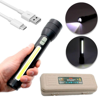 Ручний акумуляторний ліхтар 2-в-1 з USB та бічним світлом, COB P90 + чохол / Потужний тактичний ліхтарик