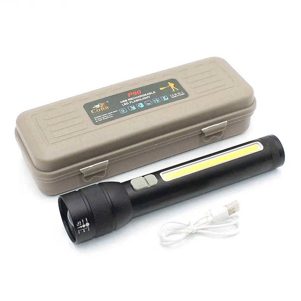 Ручний акумуляторний ліхтар 2-в-1 з USB та бічним світлом, COB P90 + чохол / Потужний тактичний ліхтарик