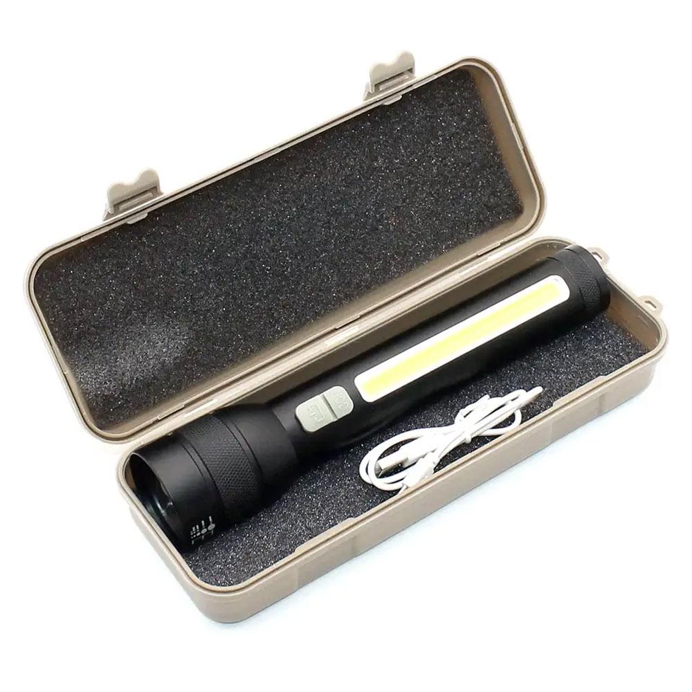 Ручний акумуляторний ліхтар 2-в-1 з USB та бічним світлом, COB P90 + чохол / Потужний тактичний ліхтарик