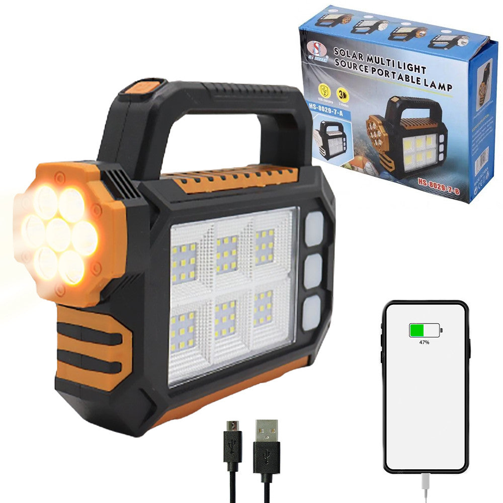 Ліхтар акумуляторний, 3 режими, USB, сонячна панель, 2800мАч, HS-8029-1-A, 7 + 54 SMD, Помаранчевий / Переносний ліхтарик /