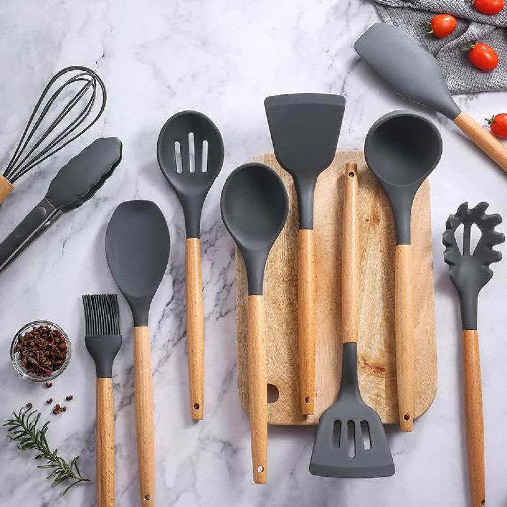 Набір кухонного приладдя 12шт Kitchen Set, Сірий / Кухонний набір силіконовий з підставкою
