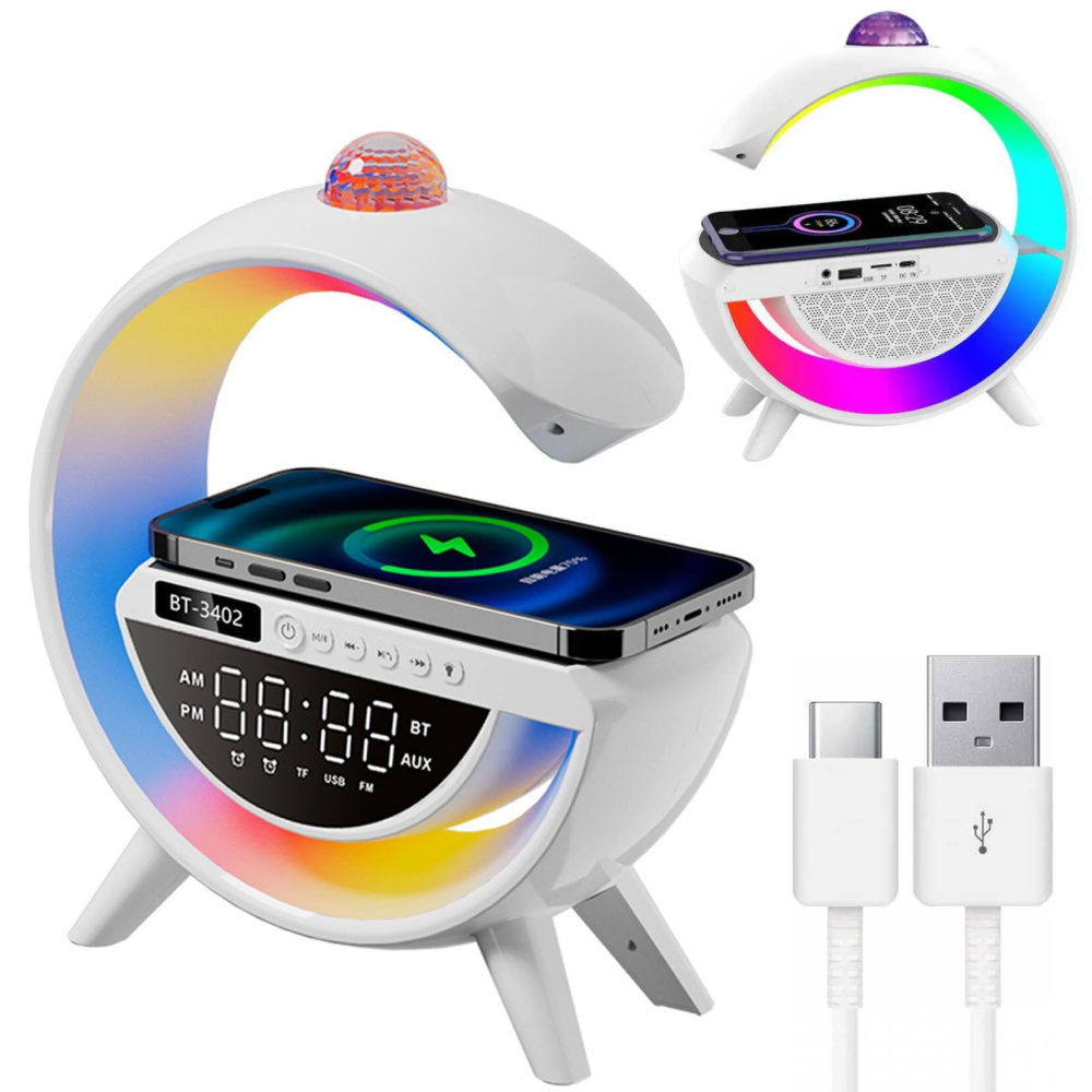 Настільна RGB лампа з колонкою, дискошаром та бездротовою зарядкою, BT 3402, Біла / Розумна лампа нічник / Смарт лампа