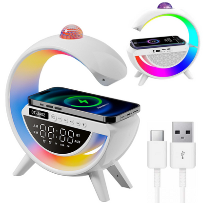 Настільна RGB лампа з колонкою, дискошаром та бездротовою зарядкою, BT 3402, Біла / Розумна лампа нічник / Смарт лампа