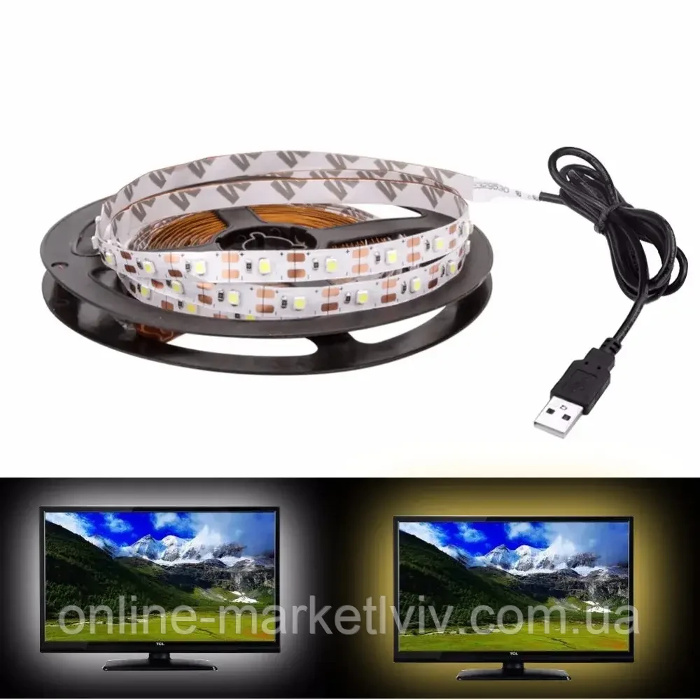 Комплект 2 шт Світлодіодна LED стрічка 5м, від USB, Теплий Білий / Універсальна лед стрічка від повербанка