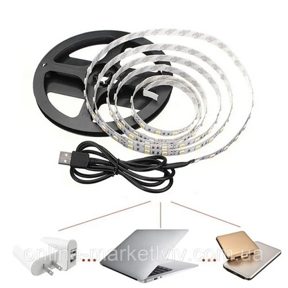 Комплект 2 шт Світлодіодна LED стрічка 5м, від USB, Теплий Білий / Універсальна лед стрічка від повербанка