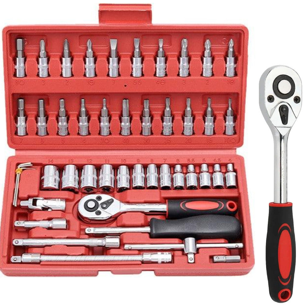 Набір інструментів 46 предметів в кейсі PIECE TOOL SET, Червоний / Автомобільний набір головок з тріскачкою