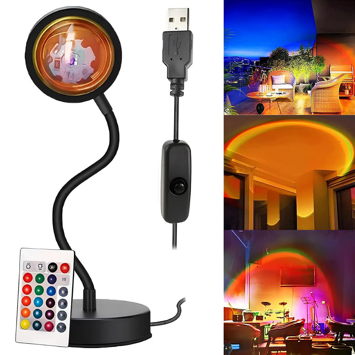 Проекційна лампа гнучка з пультом, від USB, Sunset RGB, Чорна / Лампа для фото / Лампа-захід сонця