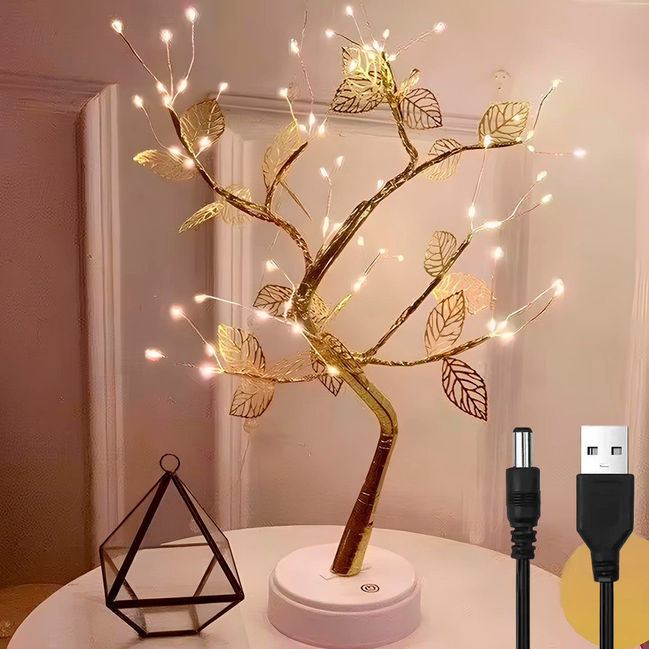 Нічник у вигляді дерева-бонсай з перлинами (50см), від USB, Теплий білий / Світильник-дерево