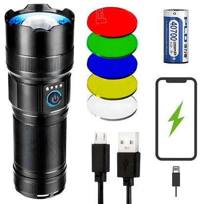 Ліхтар ручний + 5 фільтрів, 40700, від USB, Power Bank, PM30-TG, AK180, Чорний / Тактичний ліхтар / Ліхтарик