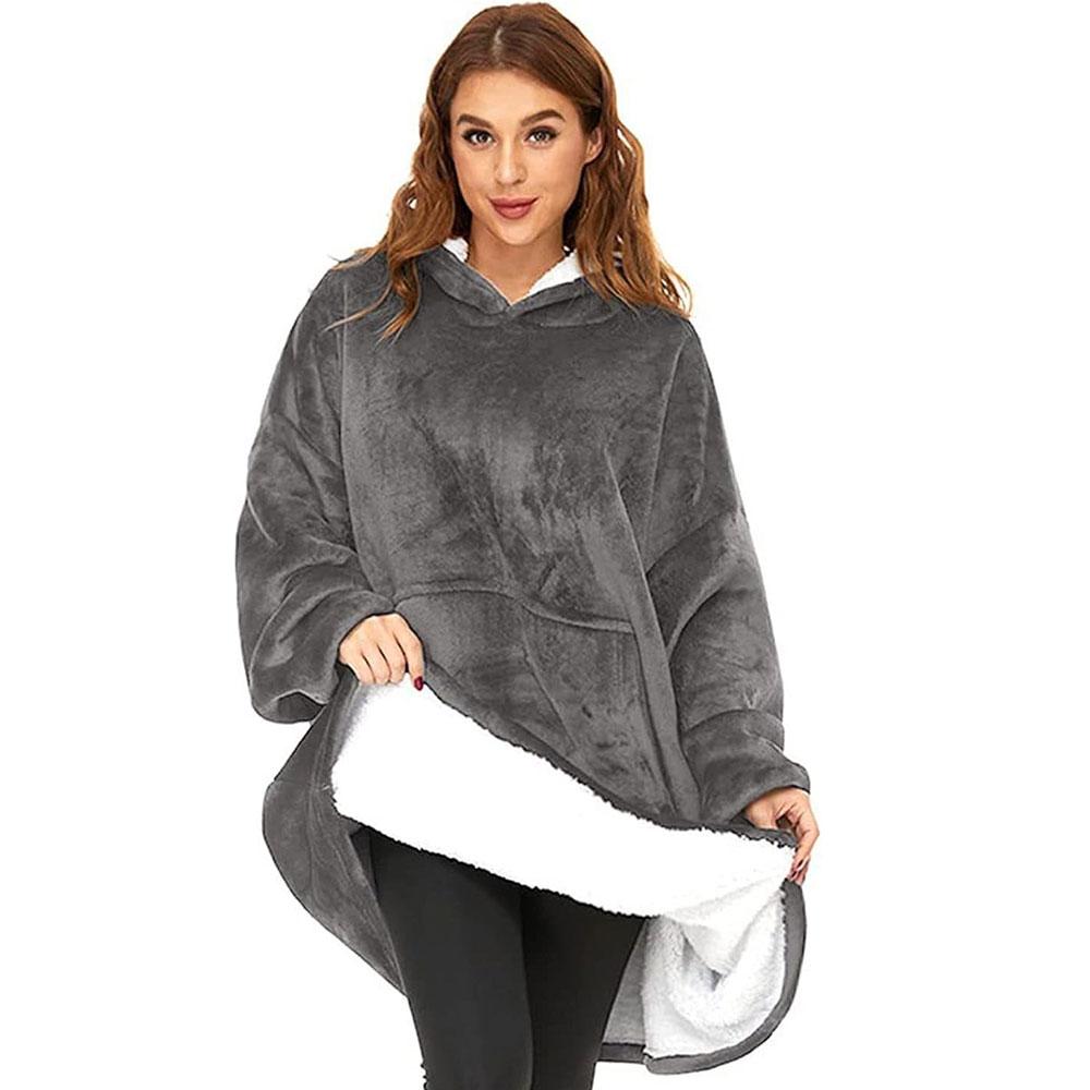 Оверсайз плед-халат з капюшоном 100х80см, Huggle Hoodie, Сірий / Толстовка худі для дому / Плед з рукавами