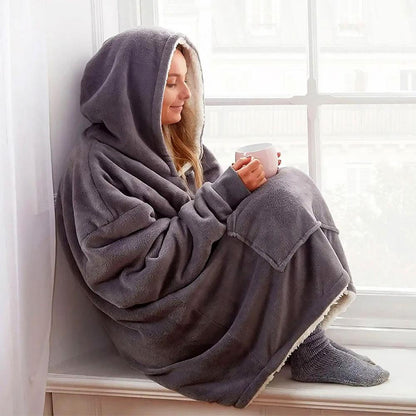 Оверсайз плед-халат з капюшоном 100х80см, Huggle Hoodie, Сірий / Толстовка худі для дому / Плед з рукавами