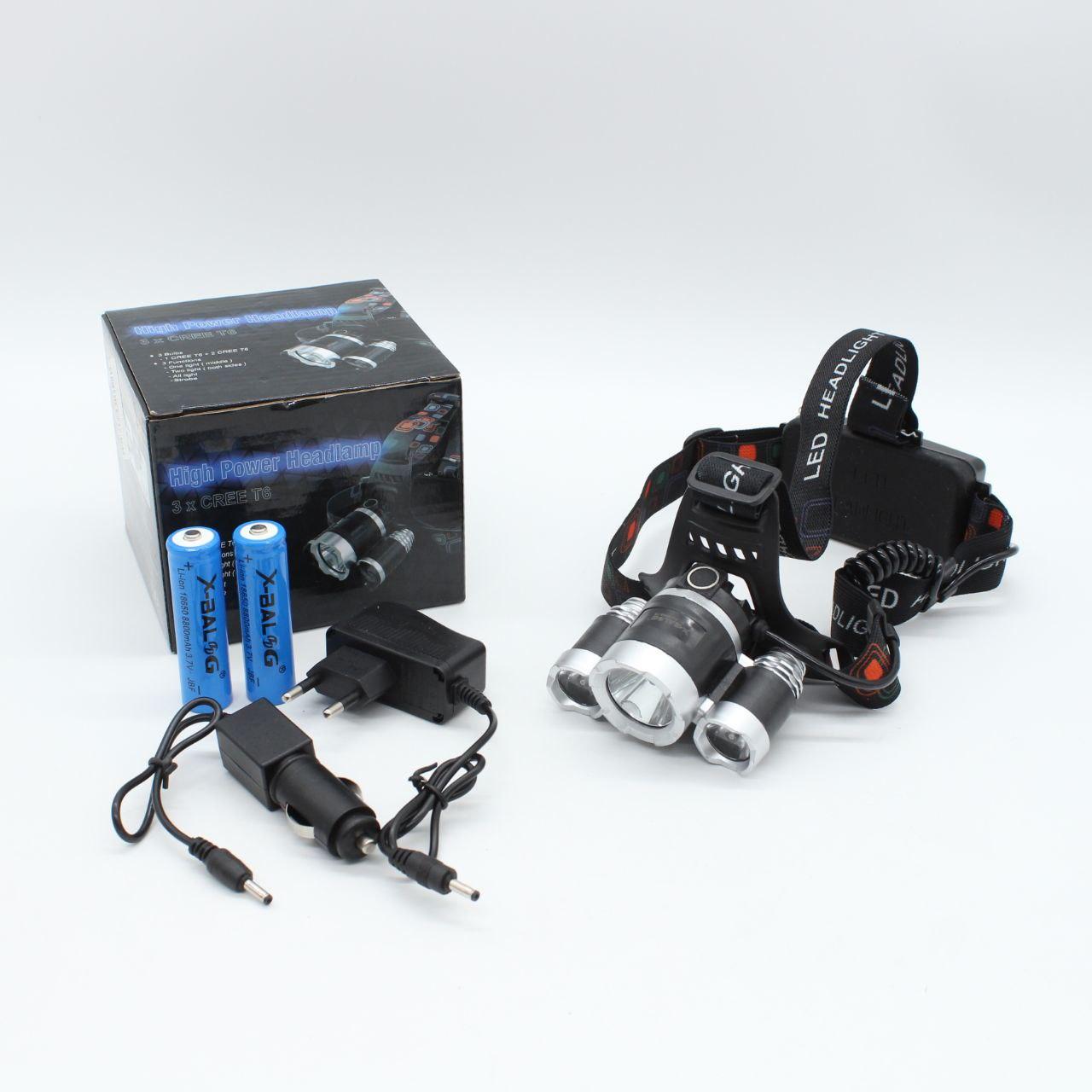 Ліхтарик налобний RJ-3000 Т6+2XPE, 2 акумулятори / Потужний акумуляторний ліхтар на голову з 3 світлодіодами