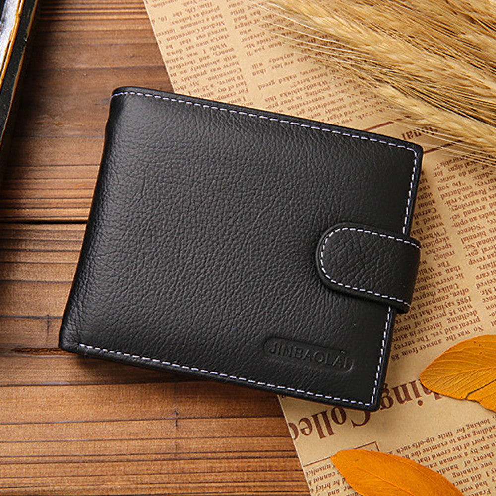Чоловічий шкіряний гаманець Чорний, (9х11х2,5 см) Jinbaolai / Чоловічий портмоне з кнопкою