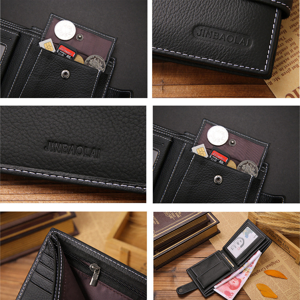 Чоловічий шкіряний гаманець Коричневий, (9х11х2, 5 см) Jinbaolai / Чоловічий портмоне з кнопкою