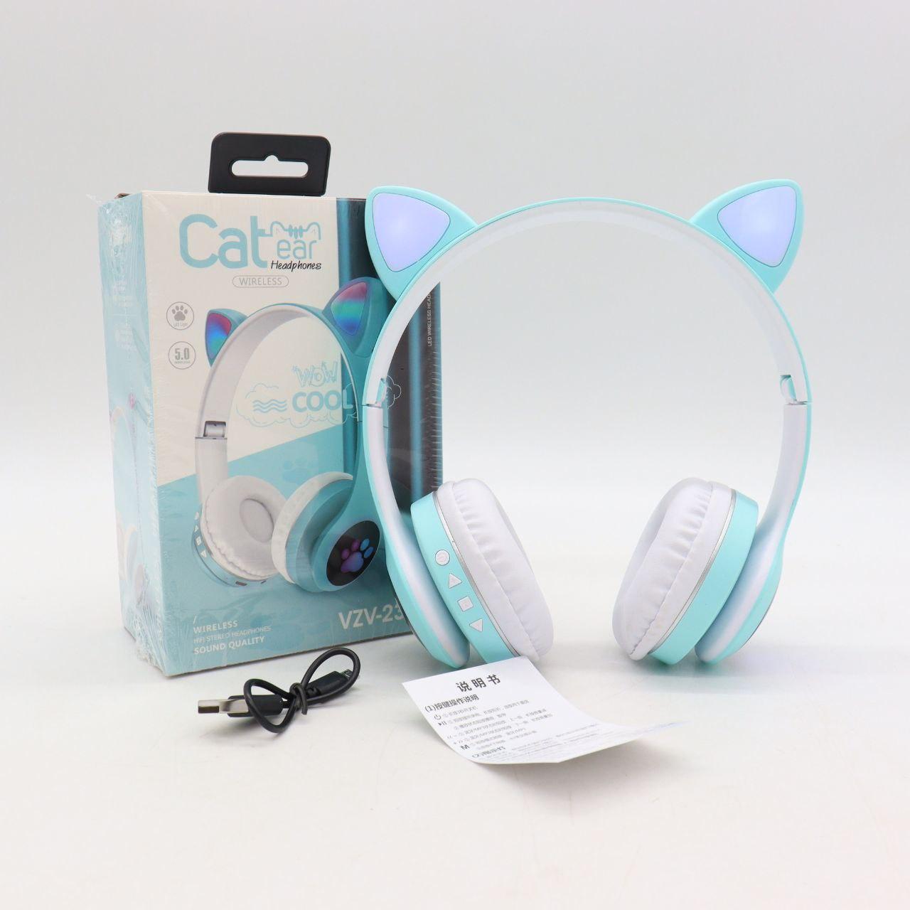 Бездротові Bluetooth навушники Котячі вушка VZV-23M, Блакитні / Дитячі навушники з підсвічуванням та мікрофоном