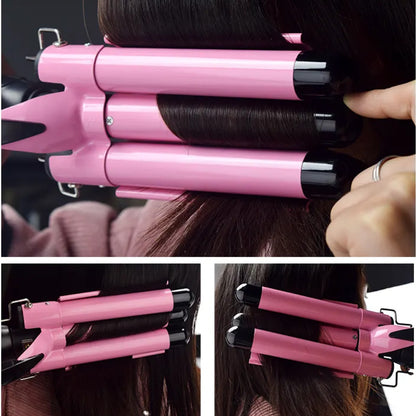 Плойка потрійна 90Вт, від мережі, GM 1956, Рожевий / Плойка хвиля / Плойка для волосся / Щипці для завивки волосся