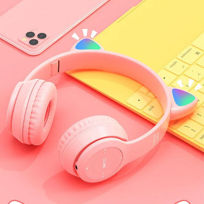 Бездротові Bluetooth навушники з котячими вушками та підсвічуванням Cat Miu Star P47 Рожеві / Дитячі навушники