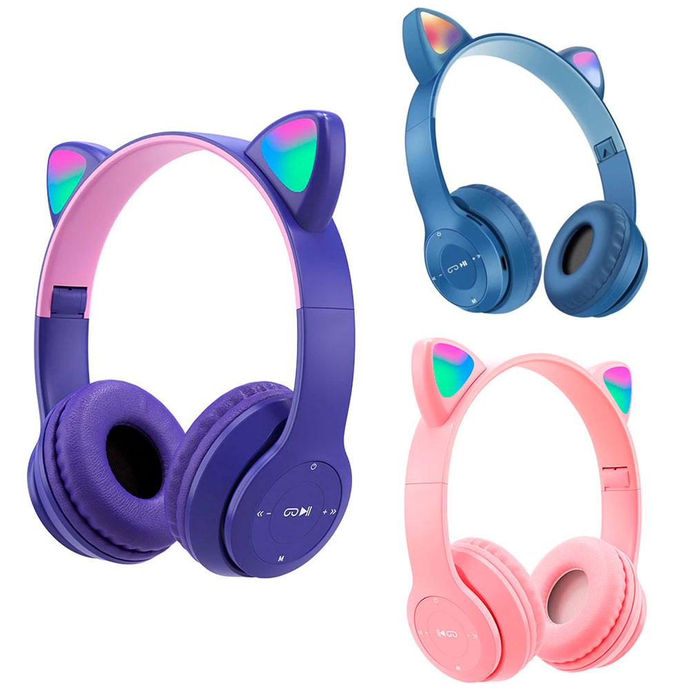 Бездротові Bluetooth навушники з котячими вушками та підсвічуванням Cat Miu Star P47 Фіолетові / Дитячі навушники