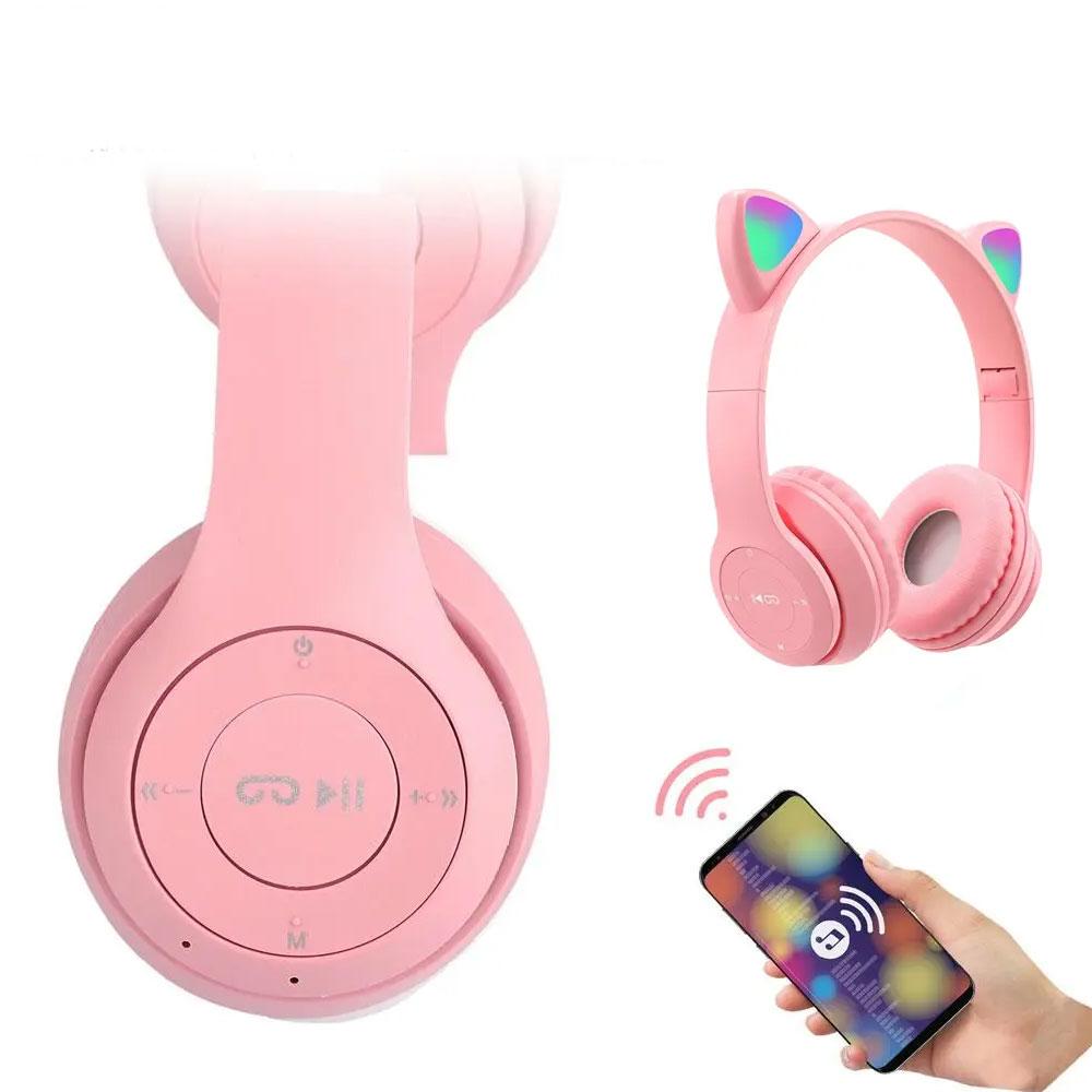 Бездротові Bluetooth навушники з котячими вушками та підсвічуванням Cat Miu Star P47 Рожеві / Дитячі навушники